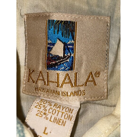 Kahala Hawaiian Islands Mens Button-Up Shirt L Rayon Cotton Linen Palm Tree Prin - Picture 4 of 5